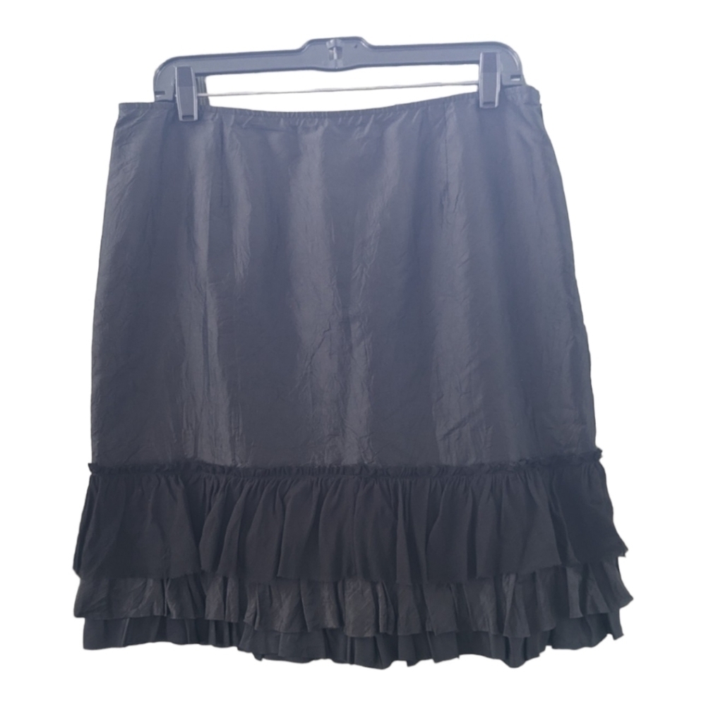 Eileen Fisher 100% Silk, Lined, Tiered Black Ruffle Skirt Size Medium - Picture 3 of 9